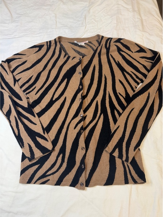 Evelyn Grace Sweaters - Evelyn Grace Cashmere 100% Cashmere Cardigan Tan and Black Zebra Pattern